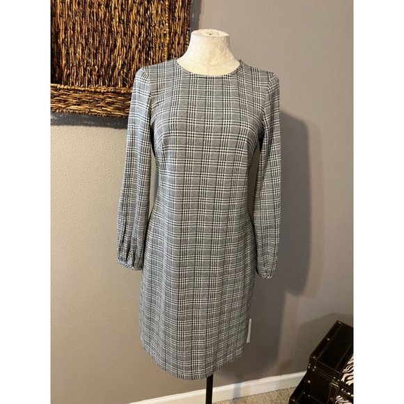 Chaps Ralph Lauren Dress Black White 8 Stretch Long Sleeve Shift Washable - Picture 4 of 9